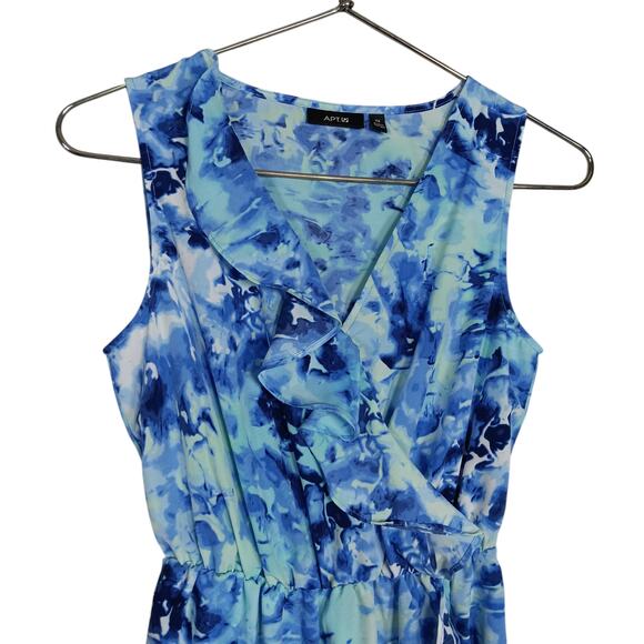 APT.9 Blue Floral Faux Wrap Spring Dress Size XS Easter Sleeveless Ruffle Neck - Picture 5 of 10